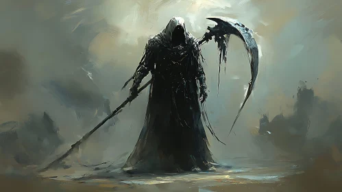 Cloaked Figure with Scythe in Somber Setting