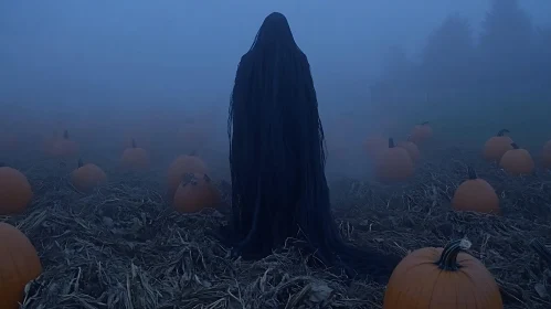 Foggy Pumpkin Patch with Dark Figure