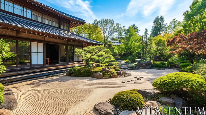 Zen Garden Landscape with Raked Sand AI Image