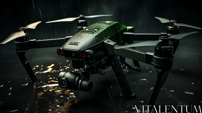 Green Drone in Rain - A Photorealistic Rendering AI Image