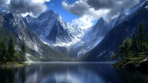 Tranquil Lake with Snowy Mountain Peaks