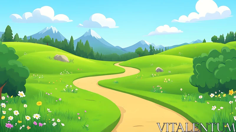 AI ART Cartoon Field With Winding Path And Mountains