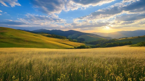 Peaceful Hills and Field at Sunset