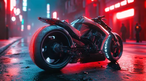 Futuristic Motorcycle on Wet City Street