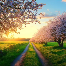 Blossom-lined Path at Sunset