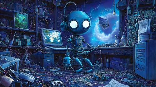 Blue Robot in Electronic Room