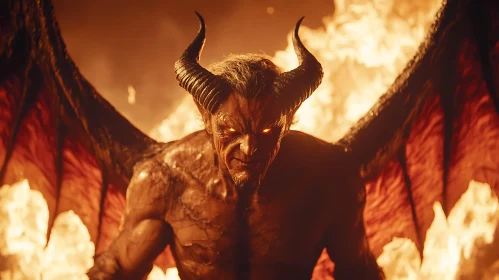 Demon in Flames with Horns and Wings