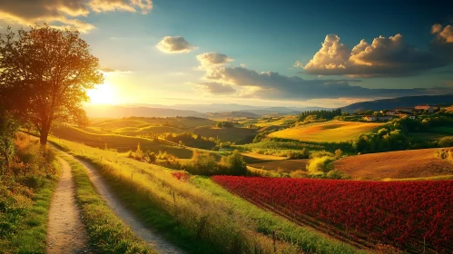 Golden Fields and Sunset Countryside View