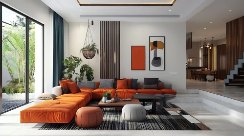 Modern Living Room with Orange Sofa