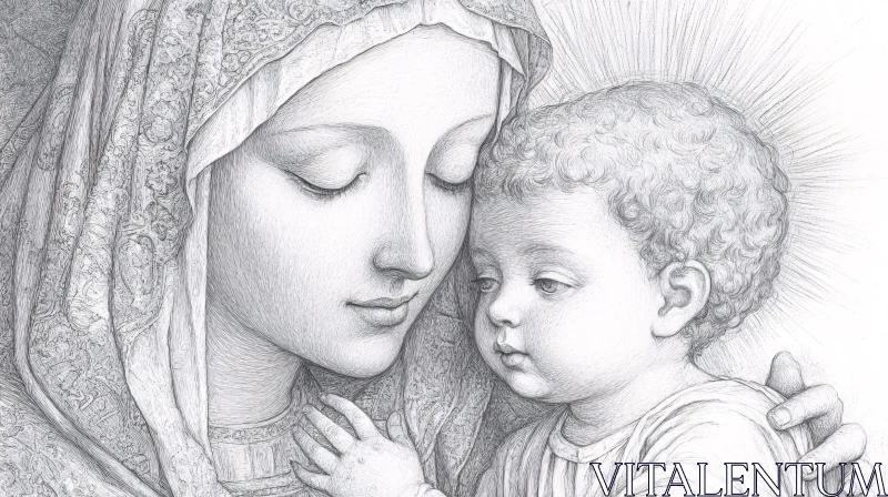 Pencil Sketch of Mother and Child's Affectionate Embrace AI Image