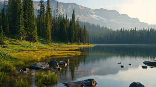 Tranquil Lake Amidst Forest and Mountains