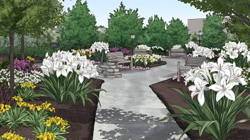 Lush Garden with Stone Path and Benches