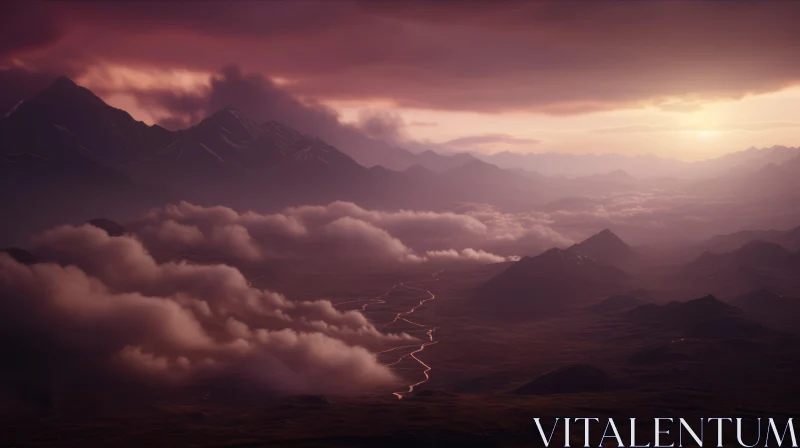Captivating Cloudy Mountainscape: Atmospheric Aerial View AI Image