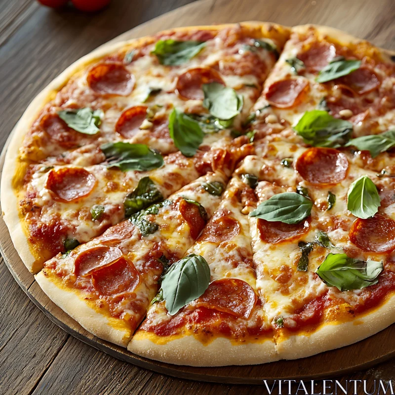 Delicious Pepperoni Pizza with Fresh Basil AI Image