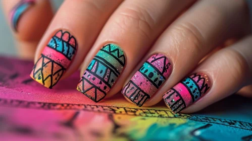 Colorful and Intricate Manicure on a Hand