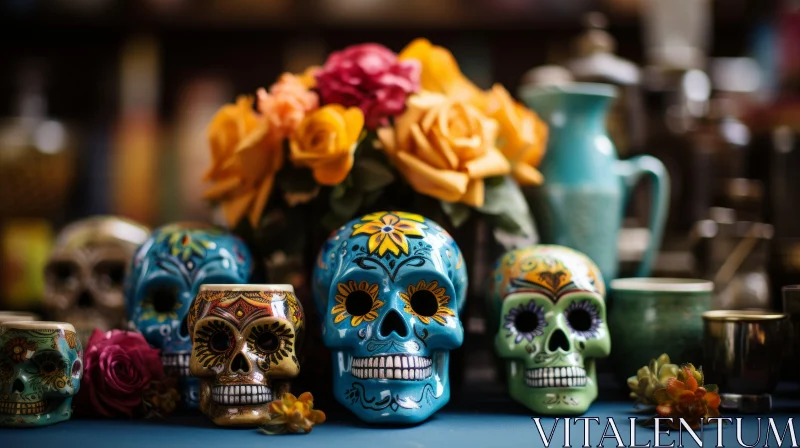 AI ART Colorful Sugar Skulls - A Symbolic Tabletop Arrangement