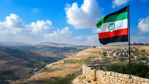 Flag Overlooking Hilly Landscape