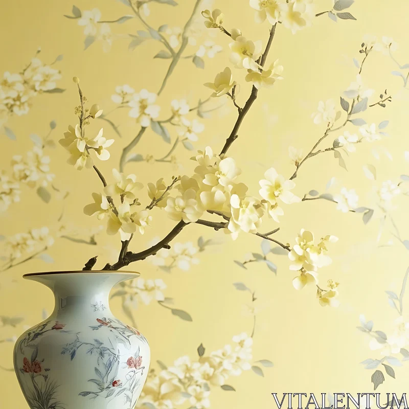 White Blossoms in Vase, Yellow Background AI Image