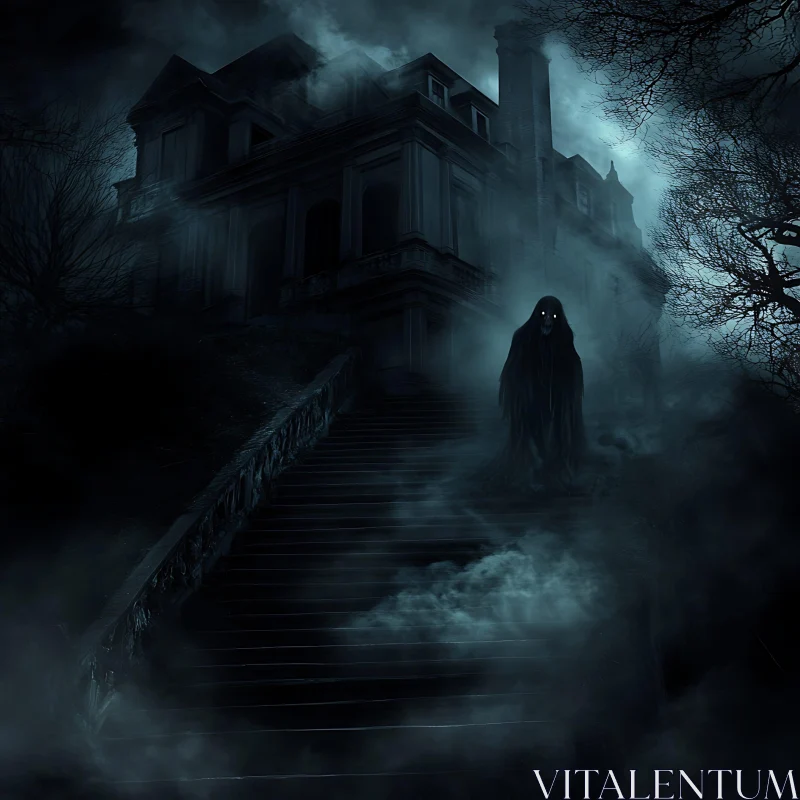 AI ART Eerie Ascent: Spectral Figure at Dark Mansion