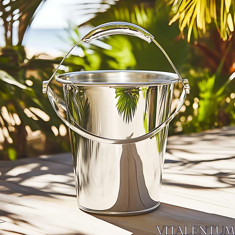 Shiny Bucket on Wooden Deck AI Image