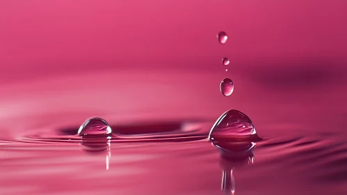 Close-up of Descending Water Droplets in Pink Hue