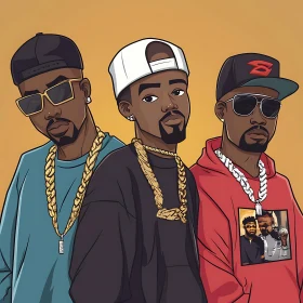 Three Cartoon Men in Caps and Chains