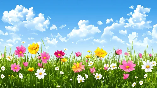 Colorful Meadow with Flowers and Clouds