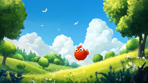 Cartoon Bird Soaring in a Sunny Landscape