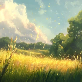 Peaceful Meadow Scene with Golden Grass