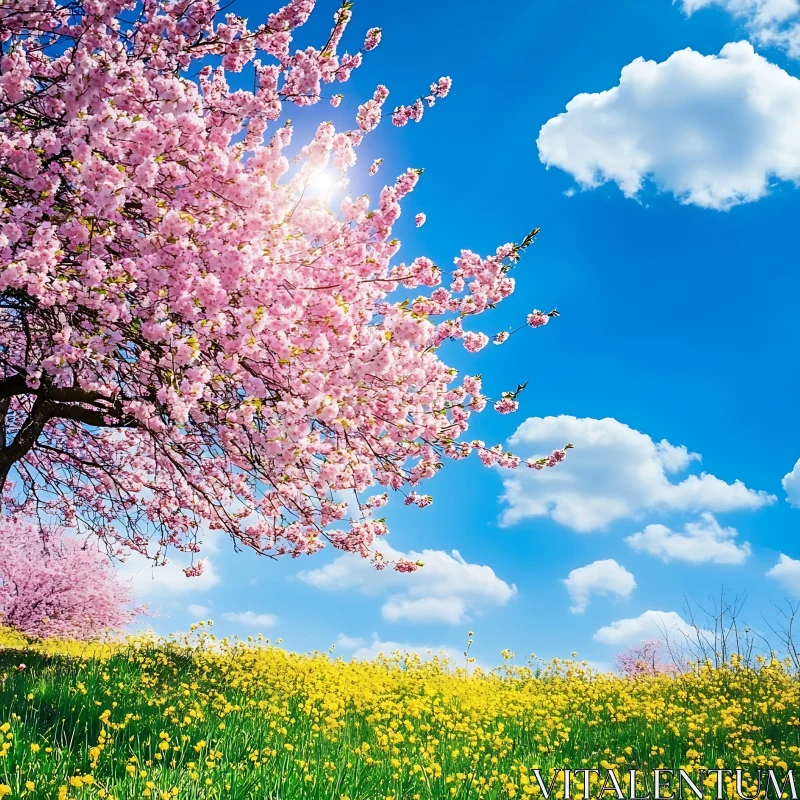 AI ART Spring Meadow with Cherry Blossoms Scenery