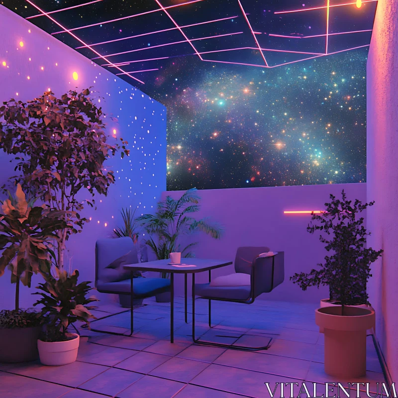 AI ART Starry Interior: Neon Lit Space with Plants