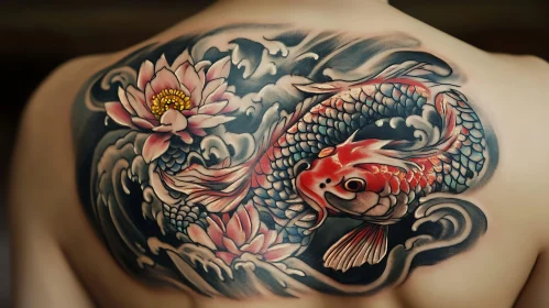 Vibrant Koi Fish with Lotus Back Tattoo