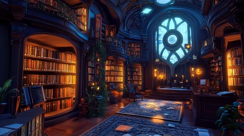 Majestic Library with Glowing Bookshelves