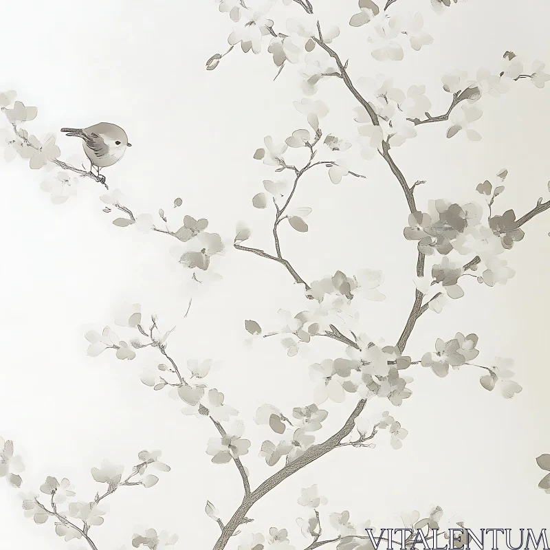 Gentle Bird and Floral Branch Art AI Image