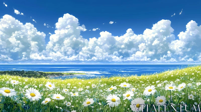 AI ART Scenic Ocean View with Daisy Field