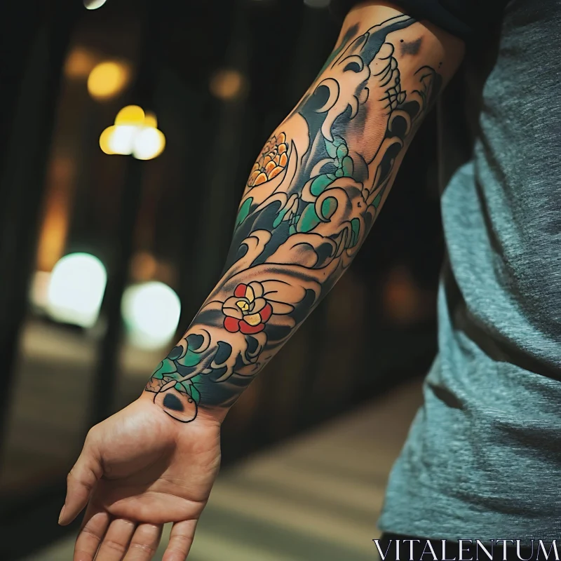 Vibrant Sleeve Tattoo Design on Forearm AI Image