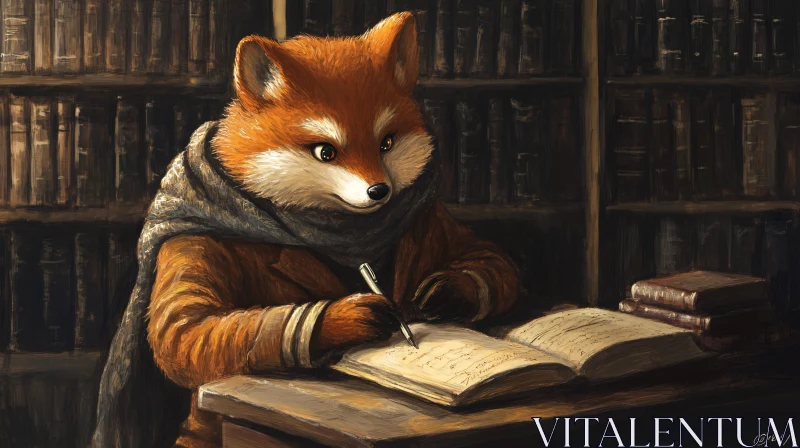 Fox Writer in Cozy Library Setting AI Image