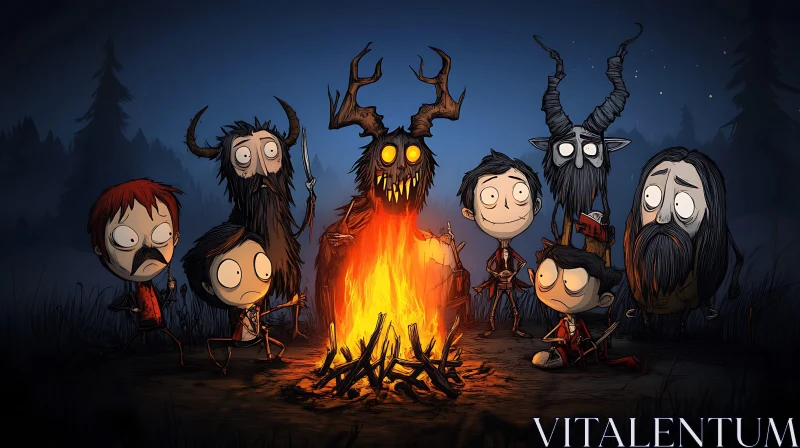 AI ART Eerie Campfire Gathering with Cartoon Figures