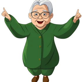 Cartoon Grandma Joyfully Raising Arms