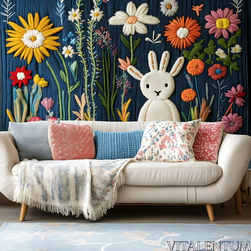 AI ART Cozy Living Room with Embroidered Art