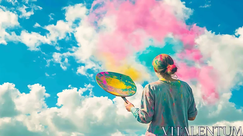 Woman with Paddle in Colorful Sky AI Image