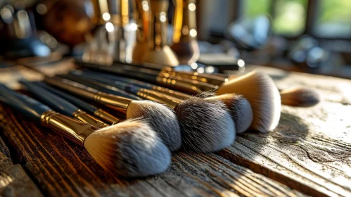 Elegant Collection of Makeup Brushes on a Wooden Table