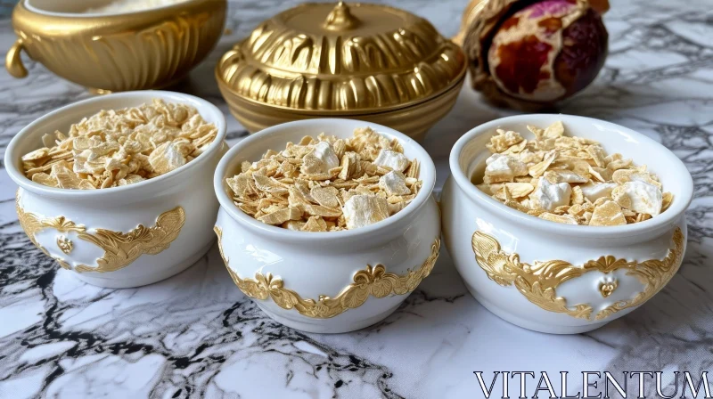 AI ART Exquisite White and Gold Porcelain Bowls on Marble Table