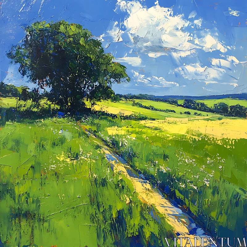 Idyllic Countryside Scene with Sunlit Meadow AI Image