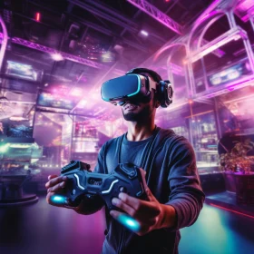Man Engaged in Virtual Reality Gaming Amidst Urban Cityscape