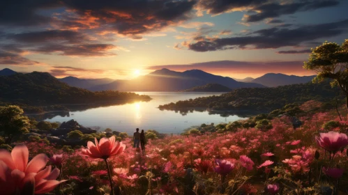 Romantic Sunset: Pink Flowers by the Lake