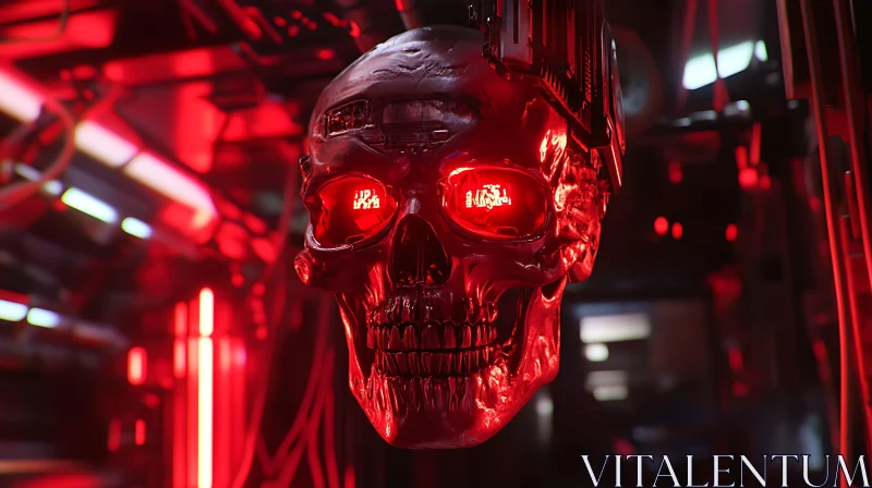 Cybernetic Skull in Red Luminous Setting AI Image