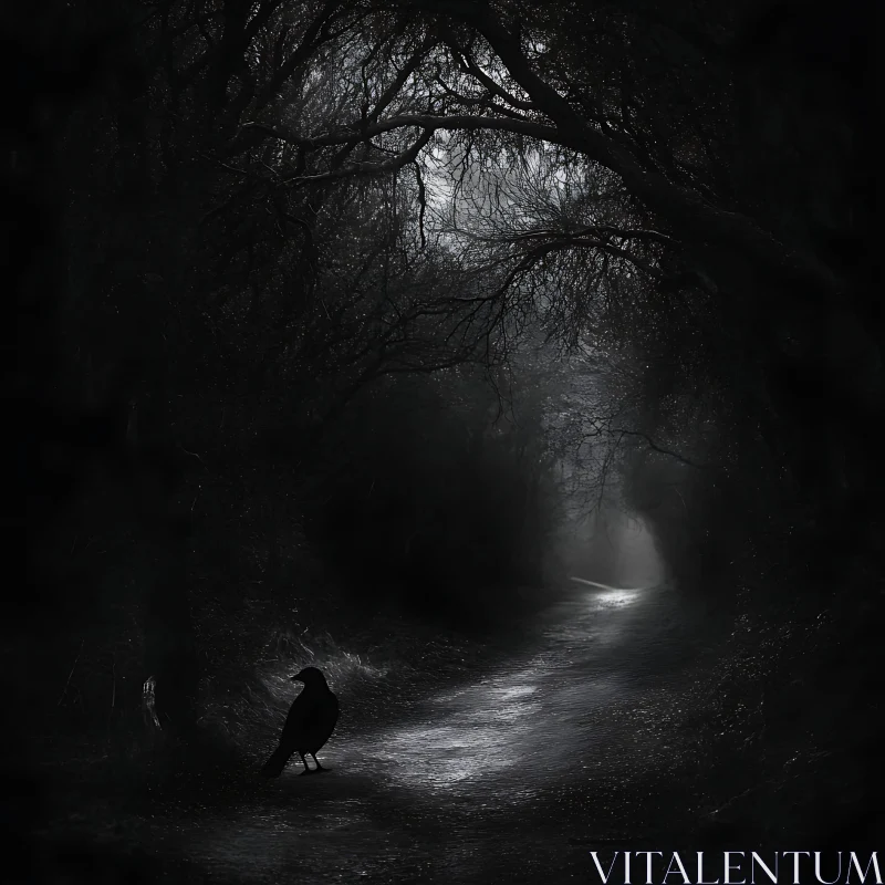 AI ART Monochrome Raven on Foggy Path