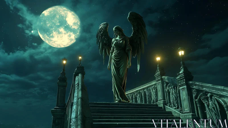 AI ART Moonlit Angel on Stone Bridge