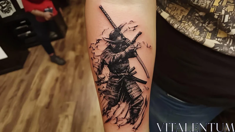 Intricate Samurai Tattoo with Sword on Forearm AI Image